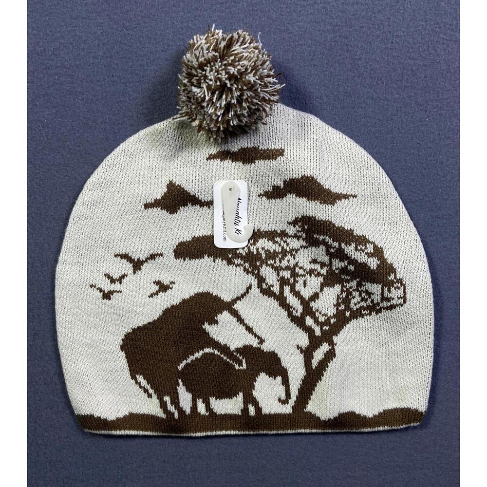 NEW Naughty Knit Elephant Lovers Loving Theme Ivory Brown Slouch Beanie LOL! NWT